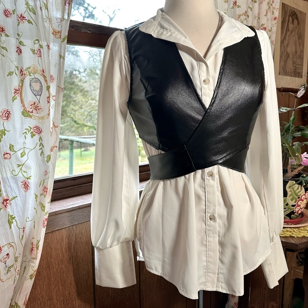 Farah x Shein • 2 Piece Womens Button Up Mandarin Collar Blouse with Wrap Vest